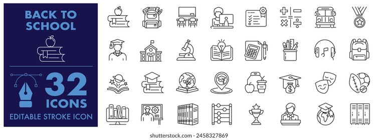 Back to school icon Editable Stroke icon sets. Related with education, success, academic subjects, School, university, textbook, learning and more.