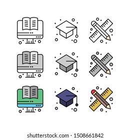 back to school icon flat vector design, graduation cap, ruler and pencil and computer monitor with book