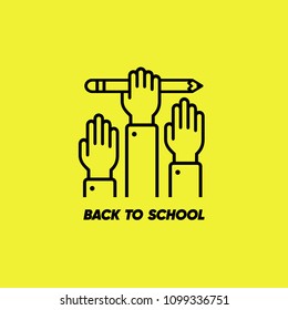 Back To School Icon. Hand with Pencil. Education or Learning Icon Concept. Outline Vector Illustration. Welcome Back to School Banner or Poster design template.