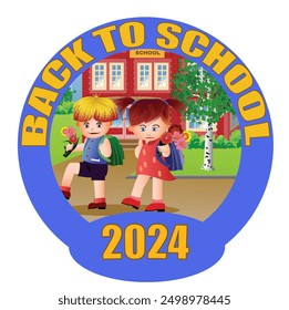 Back to school icon. Happy kids going to school with their school bags and flowers. Vector illustration