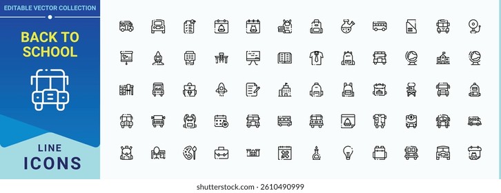 Back To School icon. Includes symbols for book, science, learning, student, study and more. Minimalist editable vector stroke. School icon set. Conceptual pictogram and infographic.