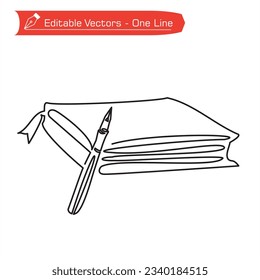 Back to school icon. One continuous line drawing of Classic pen in the corner of closed thick notebook. Vector illustration of ancient writing instrument. Editable vector.