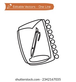 Back to school icon. One continuous line drawing of notebook, notepad, diary or binder and ballpoint pen. Vector illustration of school season. Ballpoint pen in middle of bottom of book.
