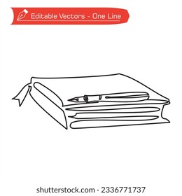 Back to school icon. One line drawing of thick notebook and classic ink pen. Vector illustration of vintage writing instruments, books and pens classic. Editable vector. Pen at top of front of book.