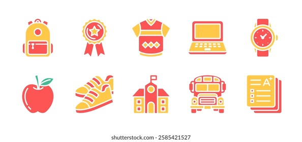 Back to school icon pack in dual tone flat style, featuring backpack, reward, uniform, laptop, watch, apple, shoes, school, school bus, and assessment.