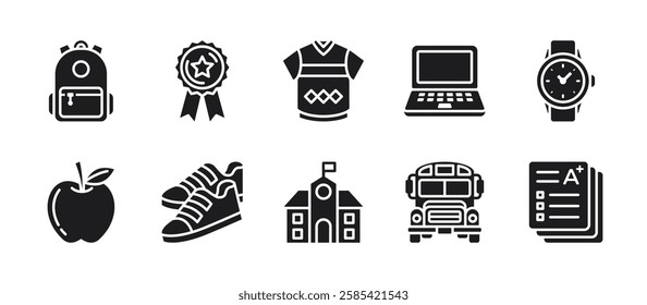 Back to school icon pack in glyph style, featuring backpack, reward, uniform, laptop, watch, apple, shoes, school, school bus, and assessment.