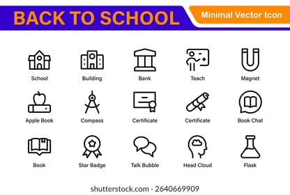 Back to School Icon Pack – Modern Minimal Line Icons for Education, Students, Classroom, Teachers, School Supplies, and Web Design Projects