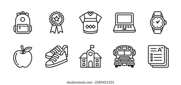 Back to school icon pack in outline style, featuring backpack, reward, uniform, laptop, watch, apple, shoes, school, school bus, and assessment.