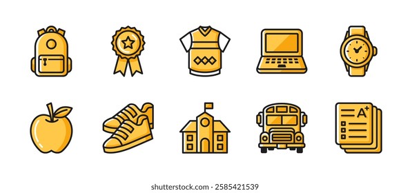 Back to school icon pack in single color style, featuring backpack, reward, uniform, laptop, watch, apple, shoes, school, school bus, and assessment.