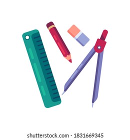 Back to school icon, Ruler, pencil eraser and compass vector illustration flat style design isolated on white. Colorful graphics
