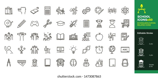 Back to school icon set with 50 different vector icons related with education, success, academic subjects and more. Editable stroke for your own needs.
