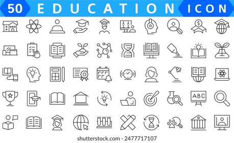 Back to school icon set with 50 different vector icons related with education, success, academic subjects and more. Editable stroke for your own needs