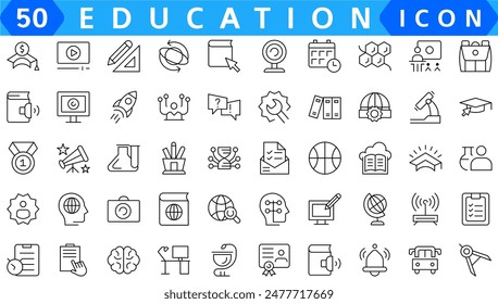 Back to school icon set with 50 different vector icons related with education, success, academic subjects and more. Editable stroke for your own needs