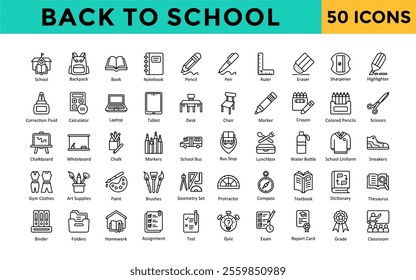 Back to School icon set with school, backpack, book, notebook, pencil, pen, ruler, eraser, sharpener, highlighter icon. Simple line vector 
