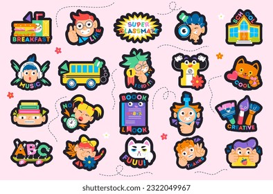 Back to school icon set. Badges with schoolchildren and characters, stationery and textbook. Stickers with education, study and science. Cartoon flat vector collection isolated on white background