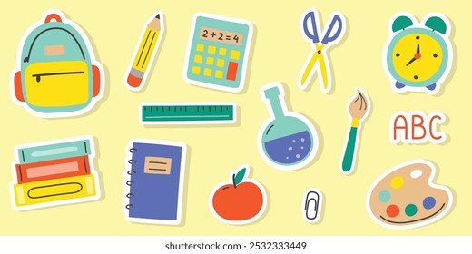 Back to School icon set. Cartoon stickers. Vector illustration