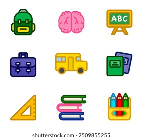 back to school icon set. Colored crayons sign. Books symbol. Yellow bus illustration. Classroom pictogram.
