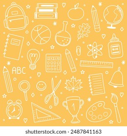 Back to School icon set. Colourful hand drawn style supply elements. Vector illustration