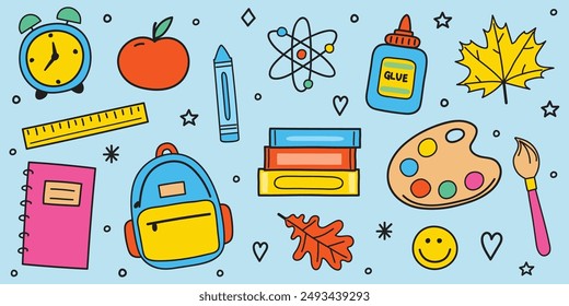 Conjunto de iconos de regreso a la escuela. Pegatinas de suministro de estilo dibujado a mano colorido. Ilustración vectorial