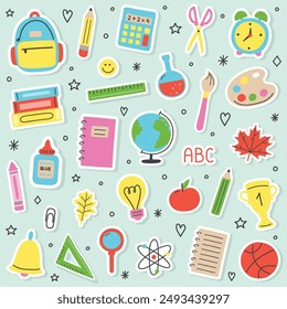 Back to School icon set. Colourful hand drawn style supply stickers. Vector illustration