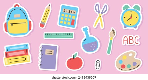 Back to School icon set. Colourful cartoon style supply stickers. Vector illustration