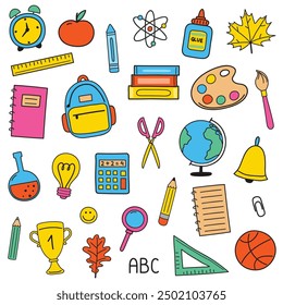 Back to School icon set. Colourful hand drawn style supply stickers. Vector illustration