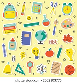 Back to School icon set. Colourful hand drawn style supply stickers. Vector illustration