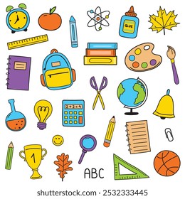 Conjunto de iconos de regreso a la escuela. Coloridas pegatinas de suministro de estilo dibujado a mano. Ilustración vectorial