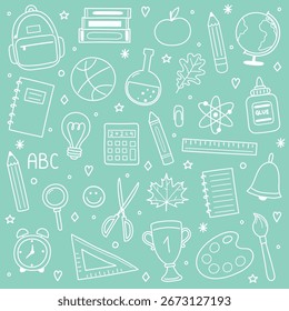 Back to School icon set. Colourful hand drawn style supply elements. Vector illustration