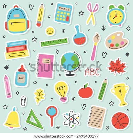 Back to School icon set. Colourful hand drawn style supply stickers. Vector illustration