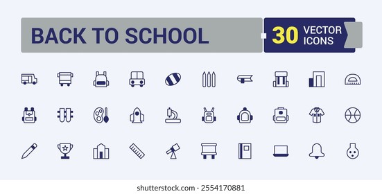 Back To School icon set. Contains related to class, study, school, back, teaching, e-book, college, knowledge. Isolated icons design. Editable vector outline and solid icons.