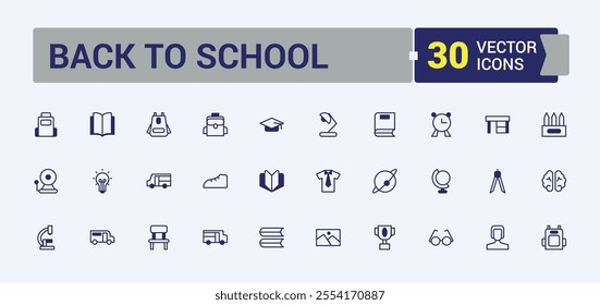 Back To School icon set. Contains related to class, study, school, back, teaching, e-book, college, knowledge. Isolated icons design. Editable vector outline and solid icons.