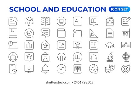 Conjunto de iconos de regreso a la escuela con diferentes iconos vectoriales relacionados con la educación, el éxito, las materias académicas y más. Educación Aprendizaje conjunto de líneas finas. Educación, Escuela, iconos de trazo editables.