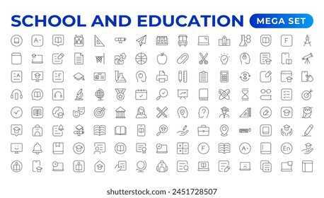 Conjunto de iconos de regreso a la escuela con diferentes iconos vectoriales relacionados con la educación, el éxito, las materias académicas y más. Educación Aprendizaje conjunto de líneas finas. Educación, Escuela, iconos de trazo editables.