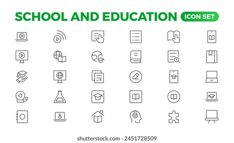 Conjunto de iconos de regreso a la escuela con diferentes iconos vectoriales relacionados con la educación, el éxito, las materias académicas y más. Educación Aprendizaje conjunto de líneas finas. Educación, Escuela, iconos de trazo editables.