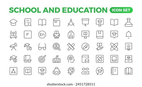 Back to school icon set with different vector icons related to education, success, academic subjects, and more. Education Learning thin line set. Education, School, editable stroke icons.