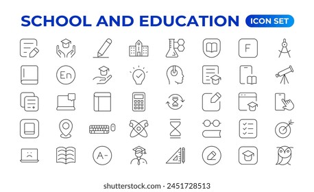 Conjunto de iconos de regreso a la escuela con diferentes iconos vectoriales relacionados con la educación, el éxito, las materias académicas y más. Educación Aprendizaje conjunto de líneas finas. Educación, Escuela, iconos de trazo editables.