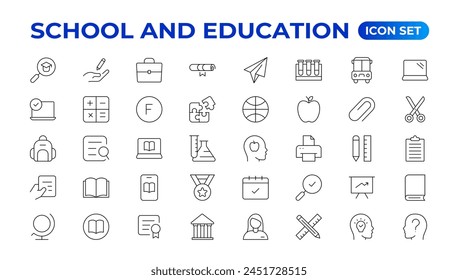 Conjunto de iconos de regreso a la escuela con diferentes iconos vectoriales relacionados con la educación, el éxito, las materias académicas y más. Educación Aprendizaje conjunto de líneas finas. Educación, Escuela, iconos de trazo editables.