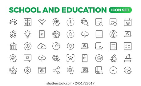 Conjunto de iconos de regreso a la escuela con diferentes iconos vectoriales relacionados con la educación, el éxito, las materias académicas y más. Educación Aprendizaje conjunto de líneas finas. Educación, Escuela, iconos de trazo editables.