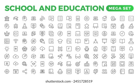 Conjunto de iconos de regreso a la escuela con diferentes iconos vectoriales relacionados con la educación, el éxito, las materias académicas y más. Educación Aprendizaje conjunto de líneas finas. Educación, Escuela, iconos de trazo editables.