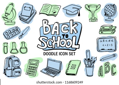 Back to school icon set. Doodle elements. Lettering and school supplies sketch collection. Vector illustration.