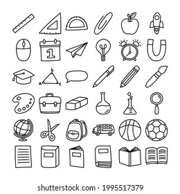 Zurück zur Schule Icon Set doodle Stil. Bildung handgezeichnete Objekte und Symbole mit dünner Linie.