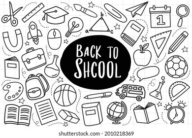 Back to school icon set doodle style. Education hand drawn objects and symbols with thin line.