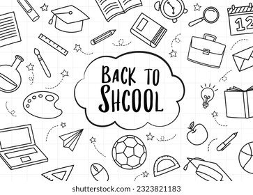 Back to school icon set doodle style. Education hand drawn objects and symbols with thin line.