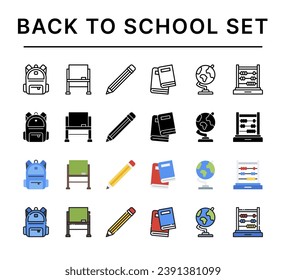 Juego de iconos de regreso a la escuela, conjunto de educación, mochila, pizarra, lápiz, libro, globo, abaco