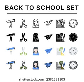 Back to School icon set, set of education, telescope, scissors, teacher, paper airplane, math, time