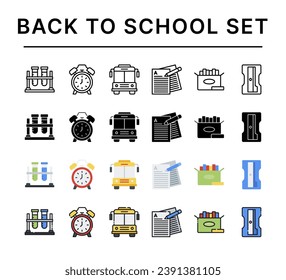 Back to School icon set, set of education, test tube, alarm, bus, exam, chalks, sharpener