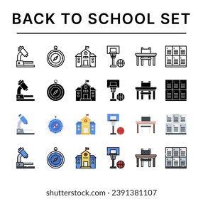 Volver a la escuela conjunto de iconos, conjunto de educación, microscopio, brújula, escuela, canasta, escritorio, taquilla