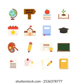 Back to school icon set. Education, academic, school learning, graduation, knowledge, class concept. Flat vector isolated design illustration. 