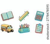 Back to school icon set featuring a yellow school bus, open book, calculator, pencil case, and checklist in a charming doodle style with soft outlines.